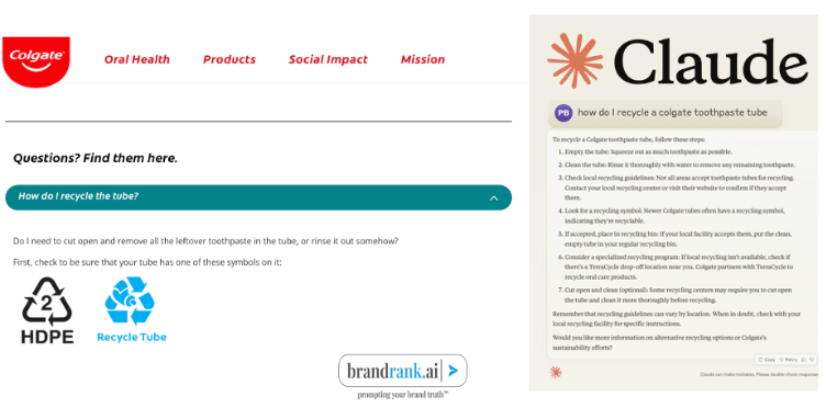 Colgate does a respectable job responding to questions about tube recycling, but falls well short of the standard set by the LLMs in providing clear in-depth, step-by-step, and iterative instruction.